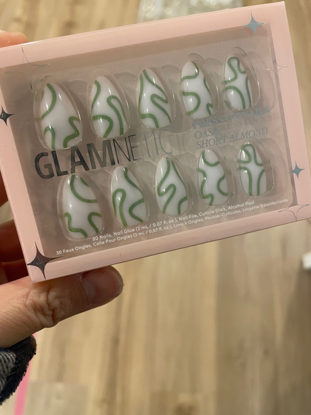GLAMNETIC Oasis Short Almond Press-On Nails - White with Green Swirl